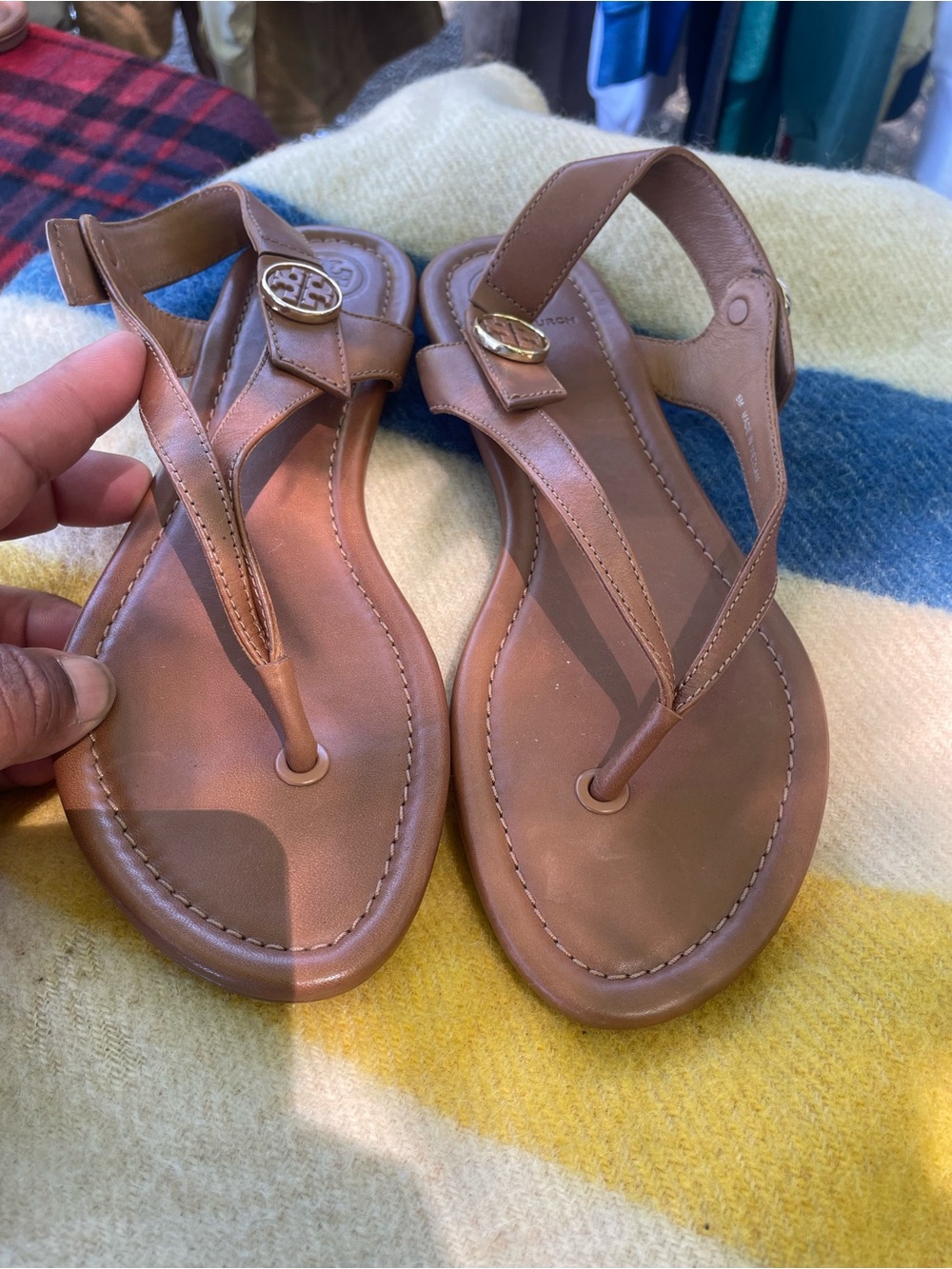 Tory Burch Tan Leather T-Strap Sandals with Logo Medallion
